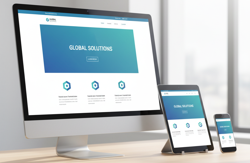 Website design on desktop computer, tablet, and smartphone screens. Blue gradient background and website content.