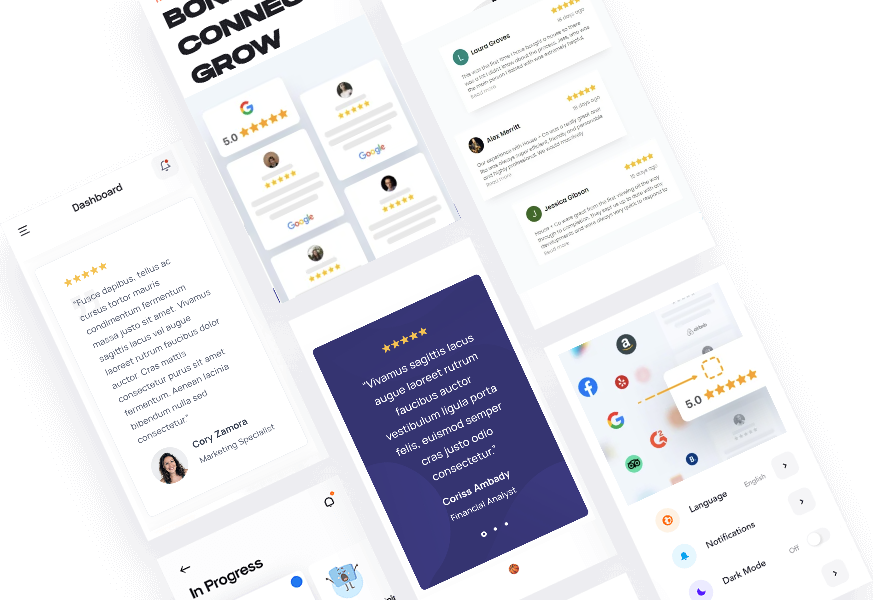App design mockups showcasing user reviews and app features on white background.