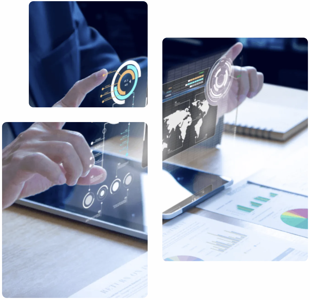 Hands interacting with a tablet displaying data visualizations and a world map.