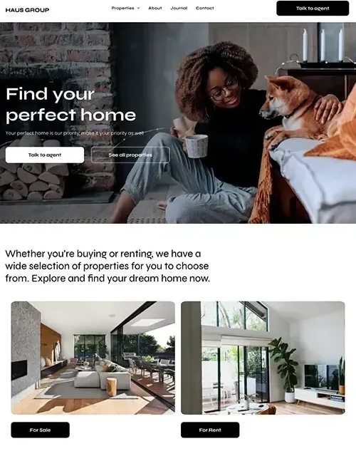 Homepage promoting real estate: Woman with dog, text 