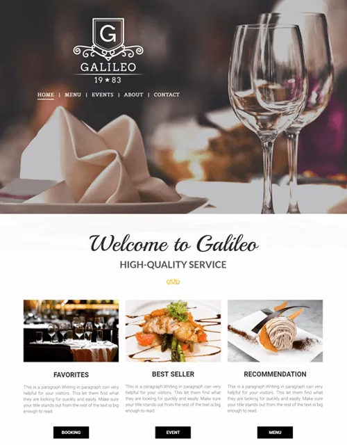 Website homepage for Galileo restaurant featuring wine glasses and food photos.