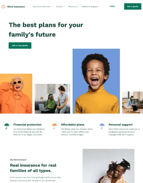 Website promoting family insurance. Features a child and adults with benefits listed.