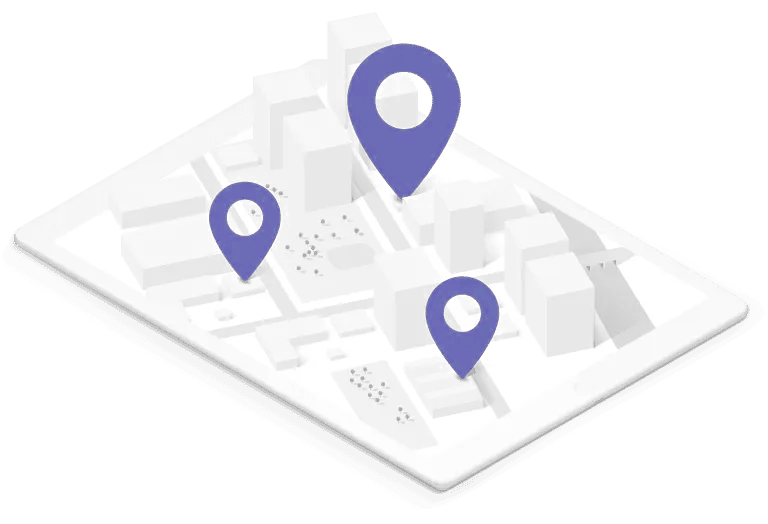 Isometric map with three purple location markers.