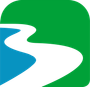 Green and blue square logo with a white, winding river.