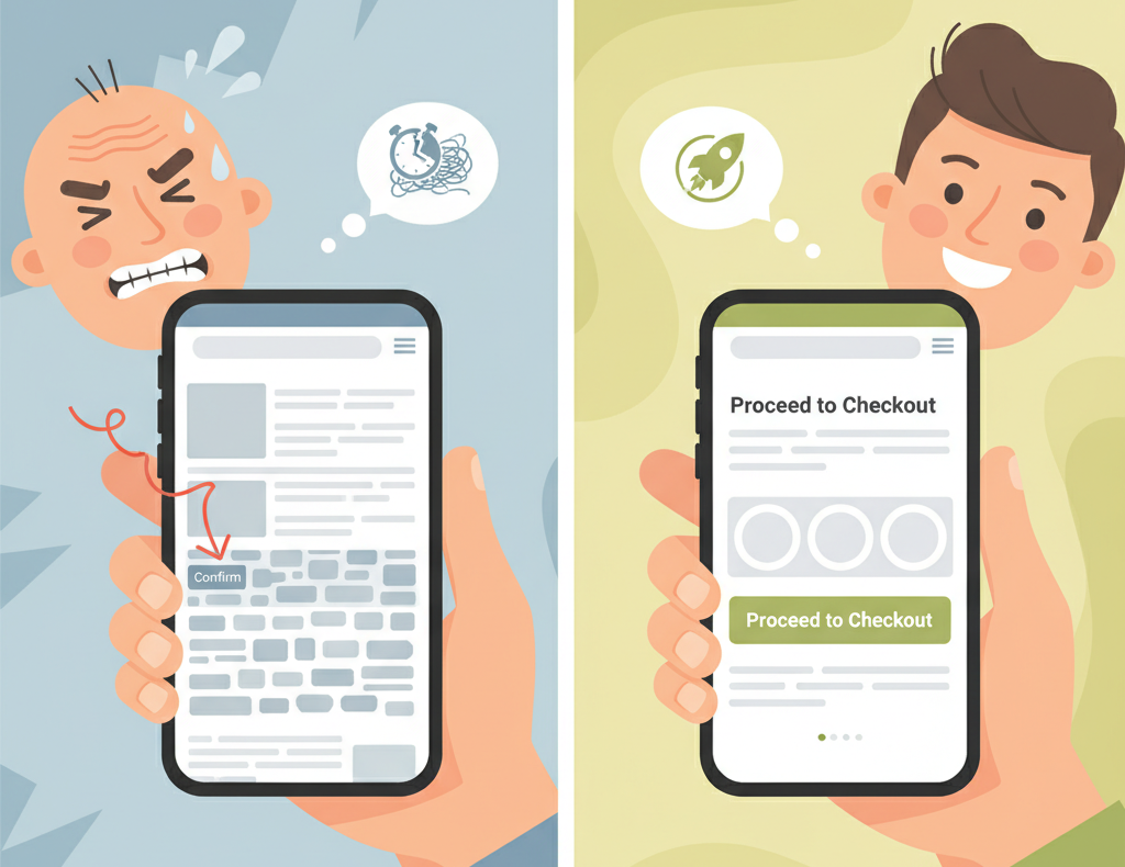 A frustrated person struggles with a slow website, while a happy person experiences a fast checkout.