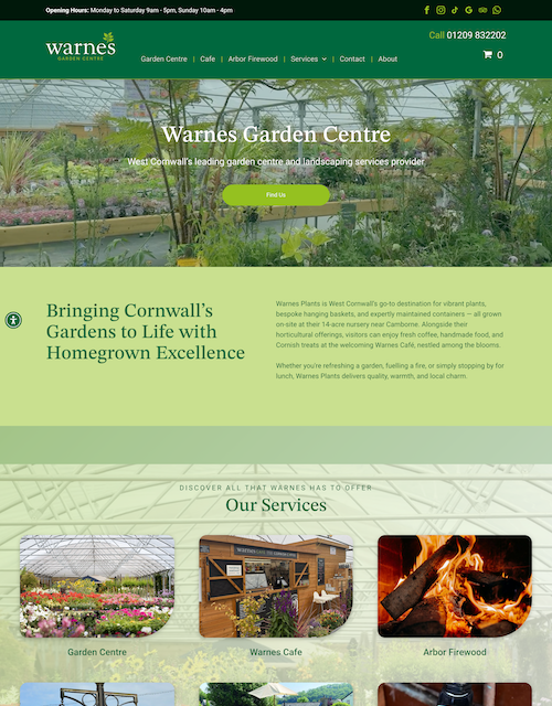 Website homepage for Warnes Plants, Garden Centre in Cornwall
