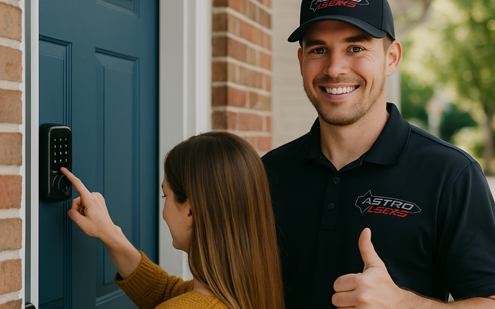 Astro Locks technician showing a Sharon family how to use a new smart lock keypad on their front doo