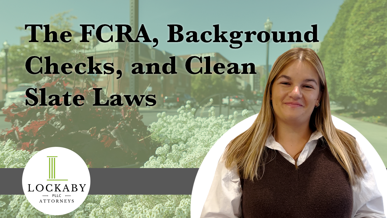 Abby Wearden in front of a shot of downtown Lexington, KY and the Lockaby Law Logo.