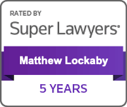 Super Lawyers badge for Matthew Lockaby, 5 years, purple and white.