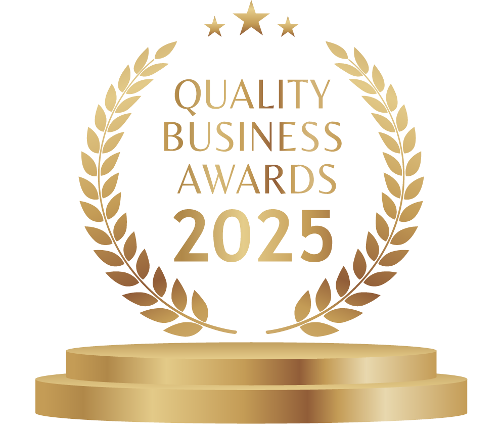 Gold Quality Business Awards logo with laurel wreath and pedestal; 