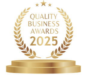 Gold Quality Business Awards logo with laurel wreath and pedestal;