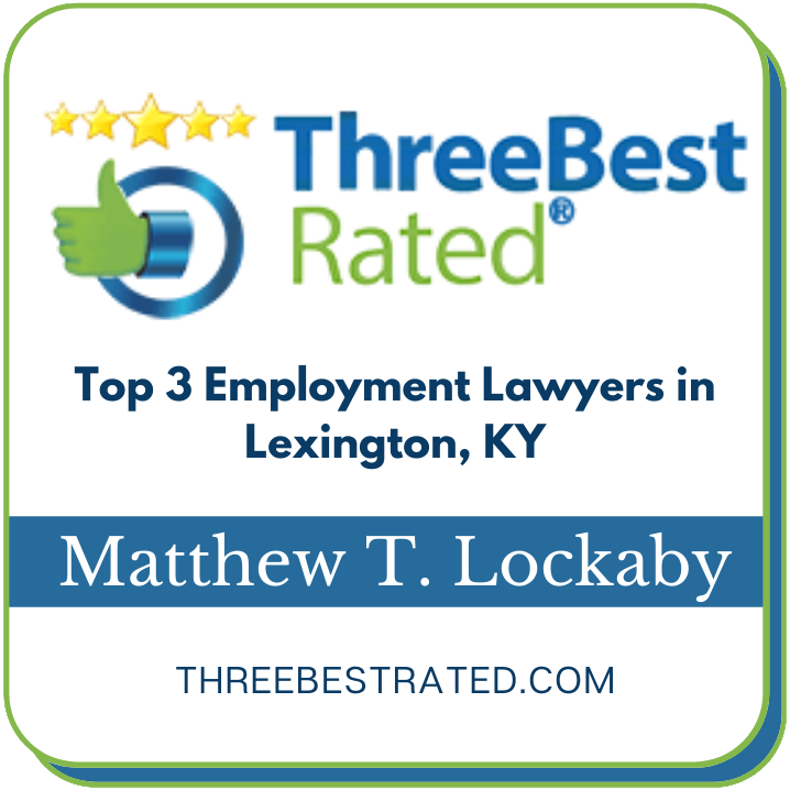 ThreeBestRated badge: Top 3 Employment Lawyers in Lexington, KY. Green thumbs-up logo, Matthew T. Lockaby's name.