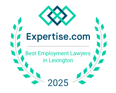 Expertise.com award: Best Employment Lawyers in Lexington, 2025. Teal emblem with laurel wreath and intersecting squares.