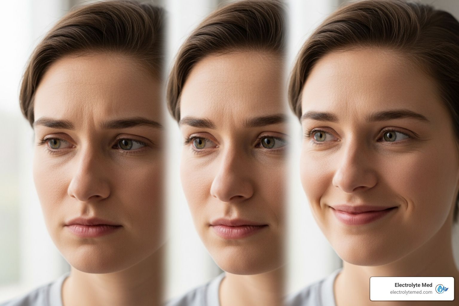 Woman's face shows expressions: frowning, neutral, and smiling.