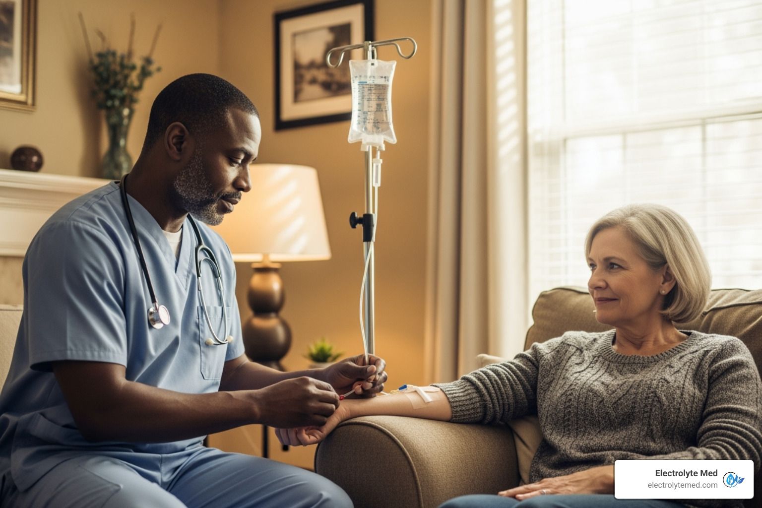 Nurse administering IV fluids to a senior woman at home.