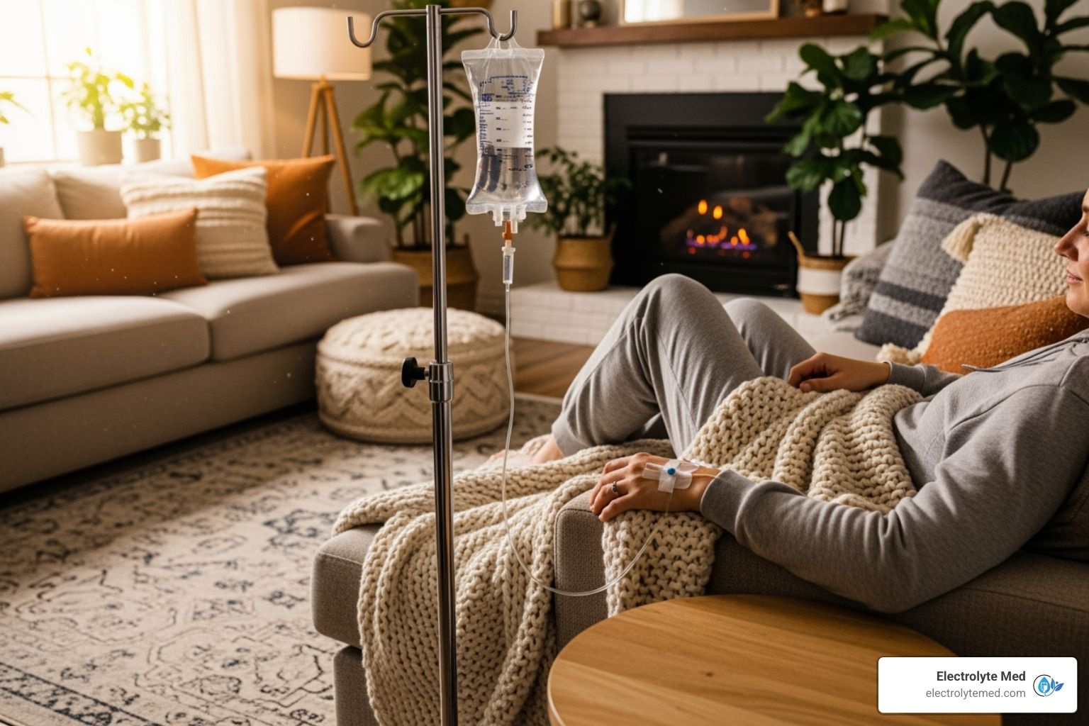 Woman receiving IV fluids in a cozy living room, lying on a couch with a blanket.