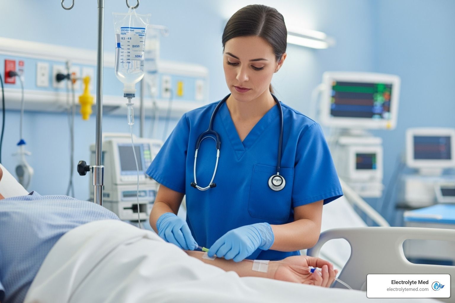 Nurse in blue scrubs giving IV to patient in hospital room.
