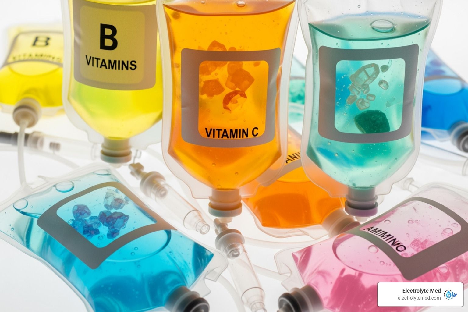 IV bags filled with colorful fluids labeled