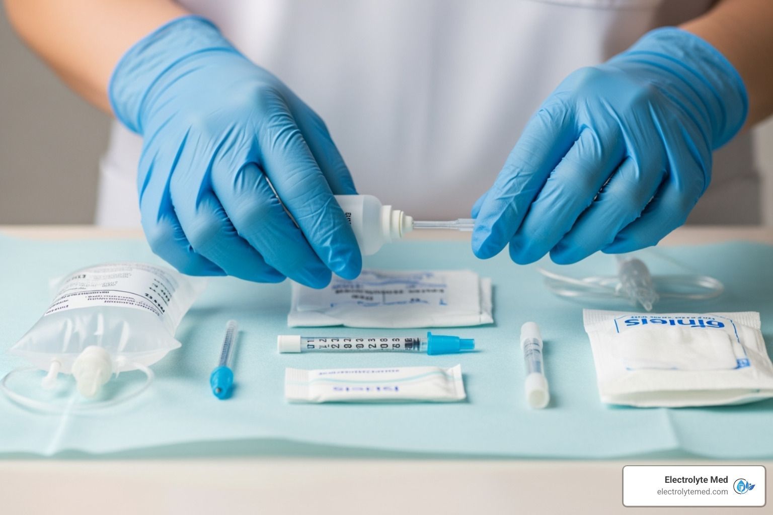 A person wearing blue gloves prepares IV equipment on a blue surface.