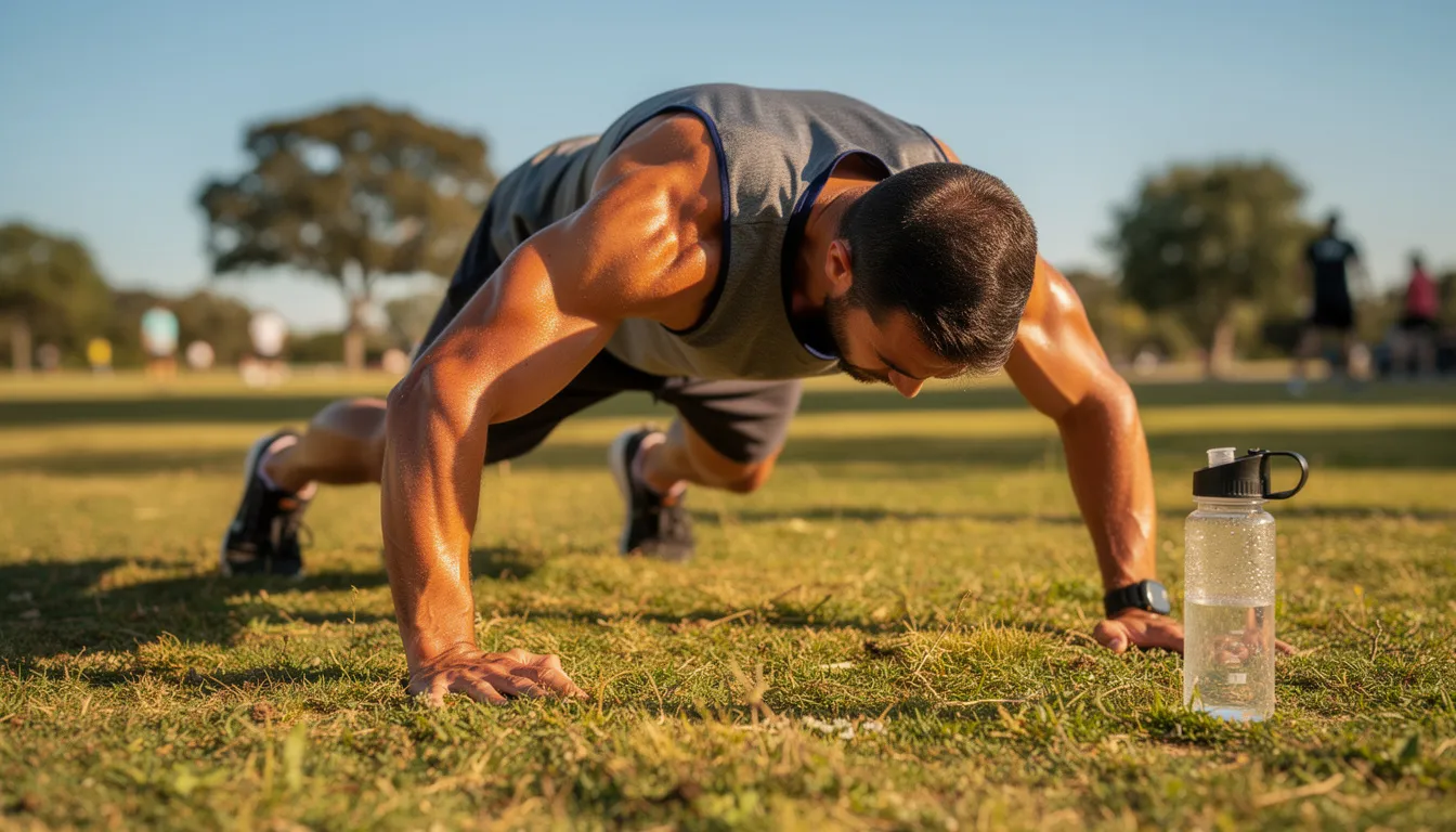 A person is exercising outdoors in warm weather, with a water bottle placed nearby, emphasizing the importance of staying hydrated to prevent dehydration symptoms.