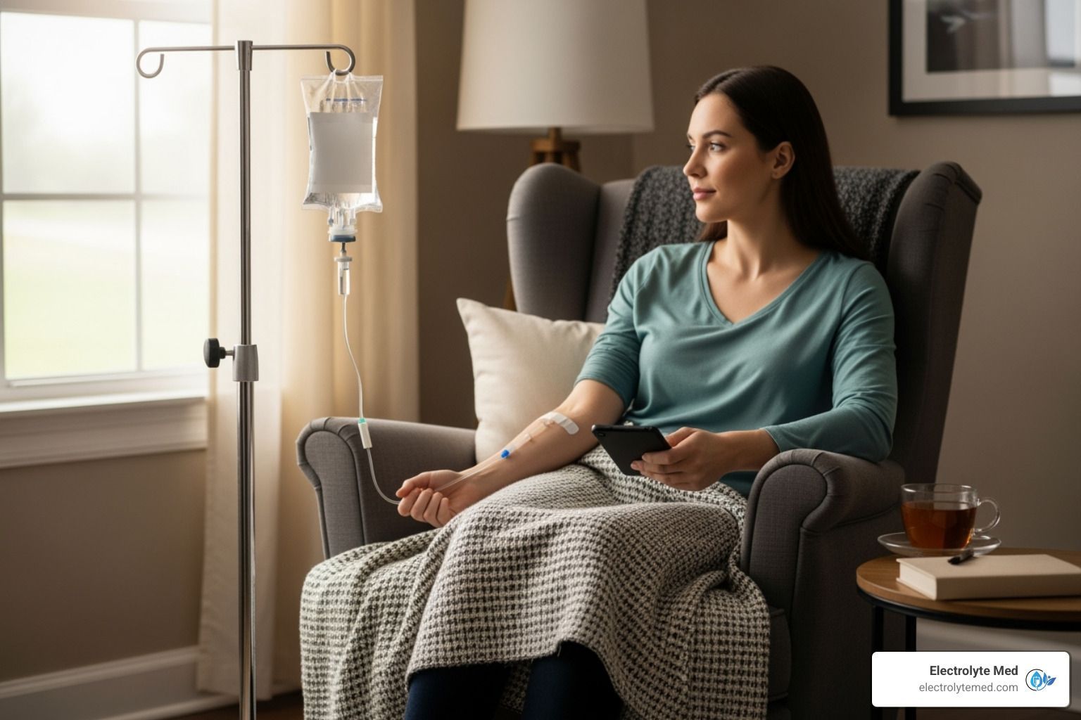 Woman receiving IV treatment, seated in a chair at home, looking out the window.