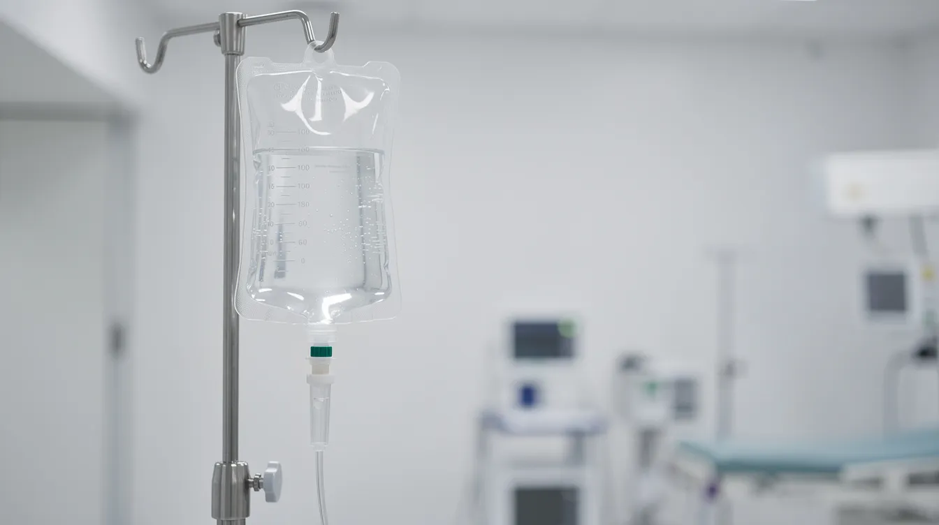 A clear IV fluid bag is suspended from a medical stand, with tubing connected to an intravenous line in a clean clinical environment, illustrating the process of IV hydration therapy that delivers essential nutrients and fluids directly into the bloodstream to support patient health and recovery.