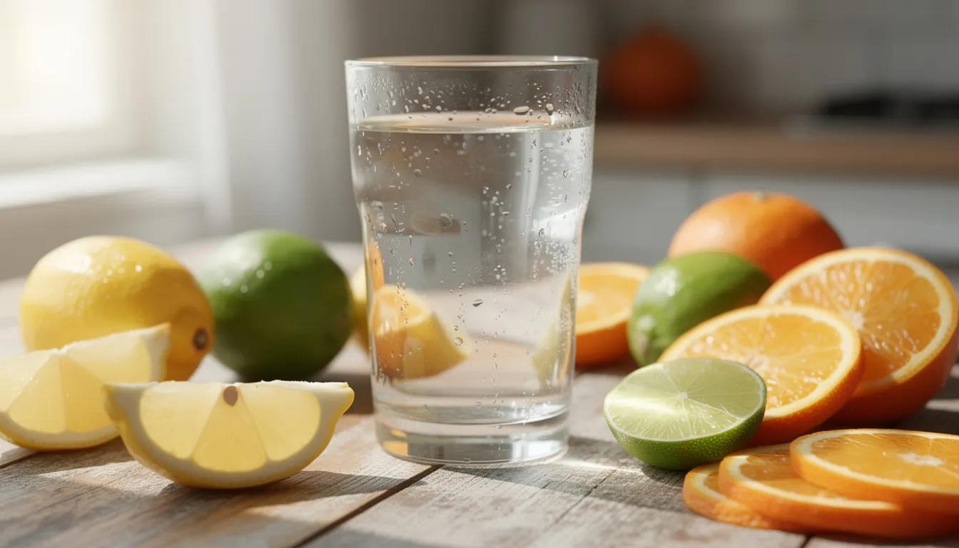 A glass of clear water sits on a wooden table, surrounded by fresh citrus fruits, highlighting the importance of hydration in preventing dehydration symptoms. This image evokes the refreshing benefits of drinking fluids, essential for maintaining health and energy levels.
