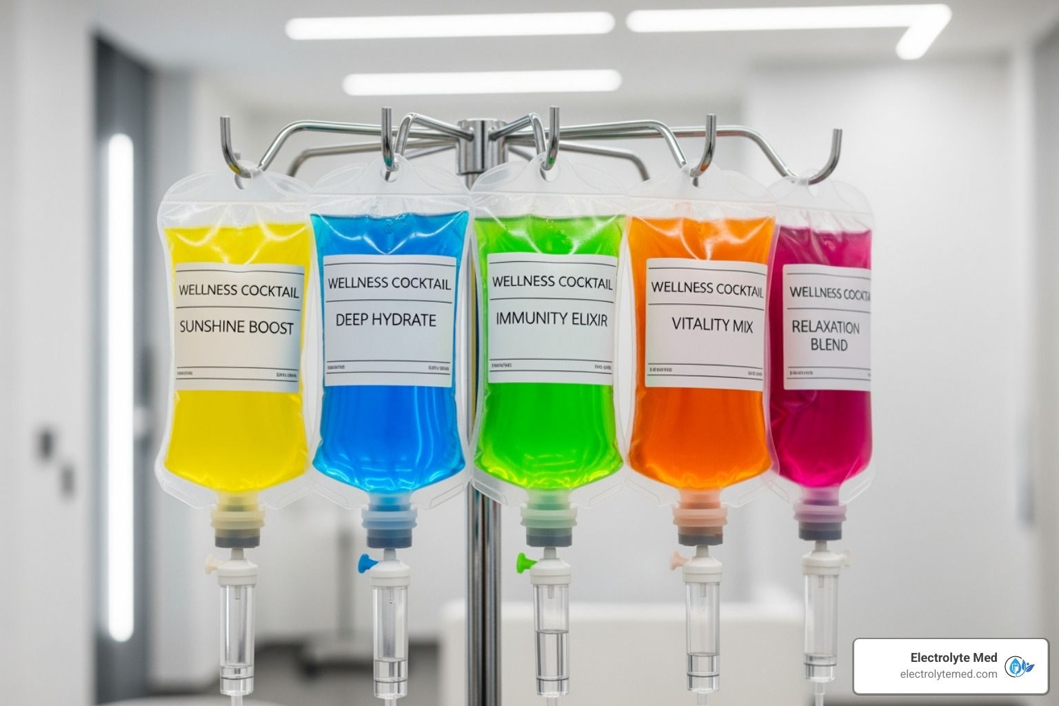 Five IV bags with colored fluids hanging on a stand: yellow, blue, green, orange, pink.