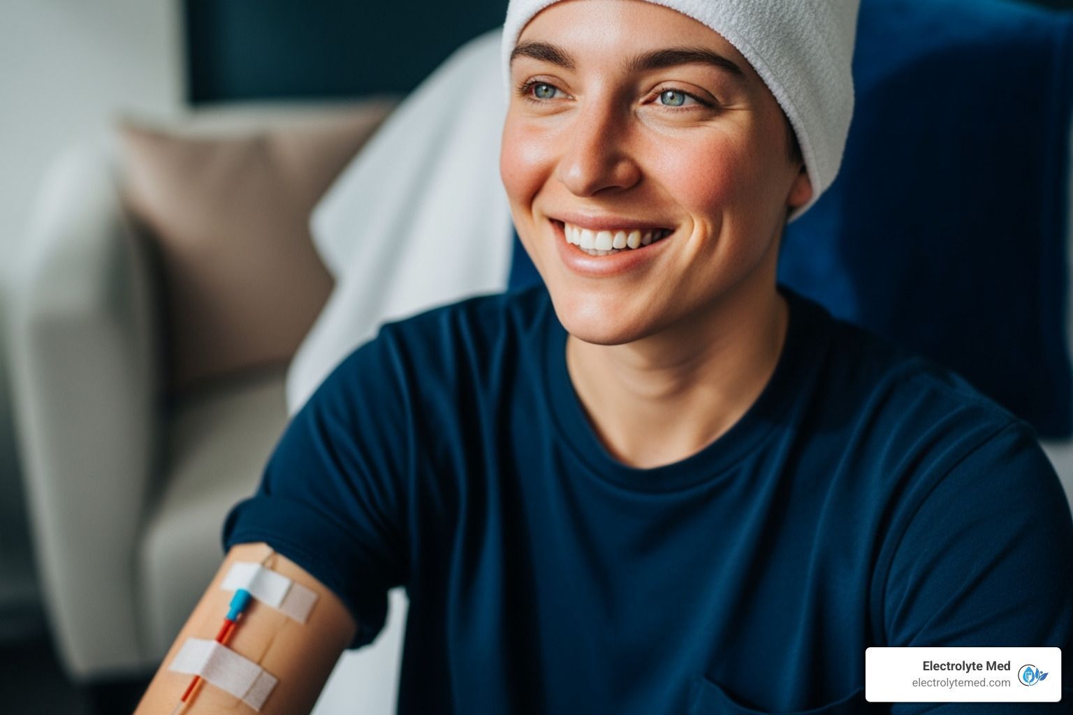 Person with a headscarf smiles, receiving medical treatment via an arm IV.