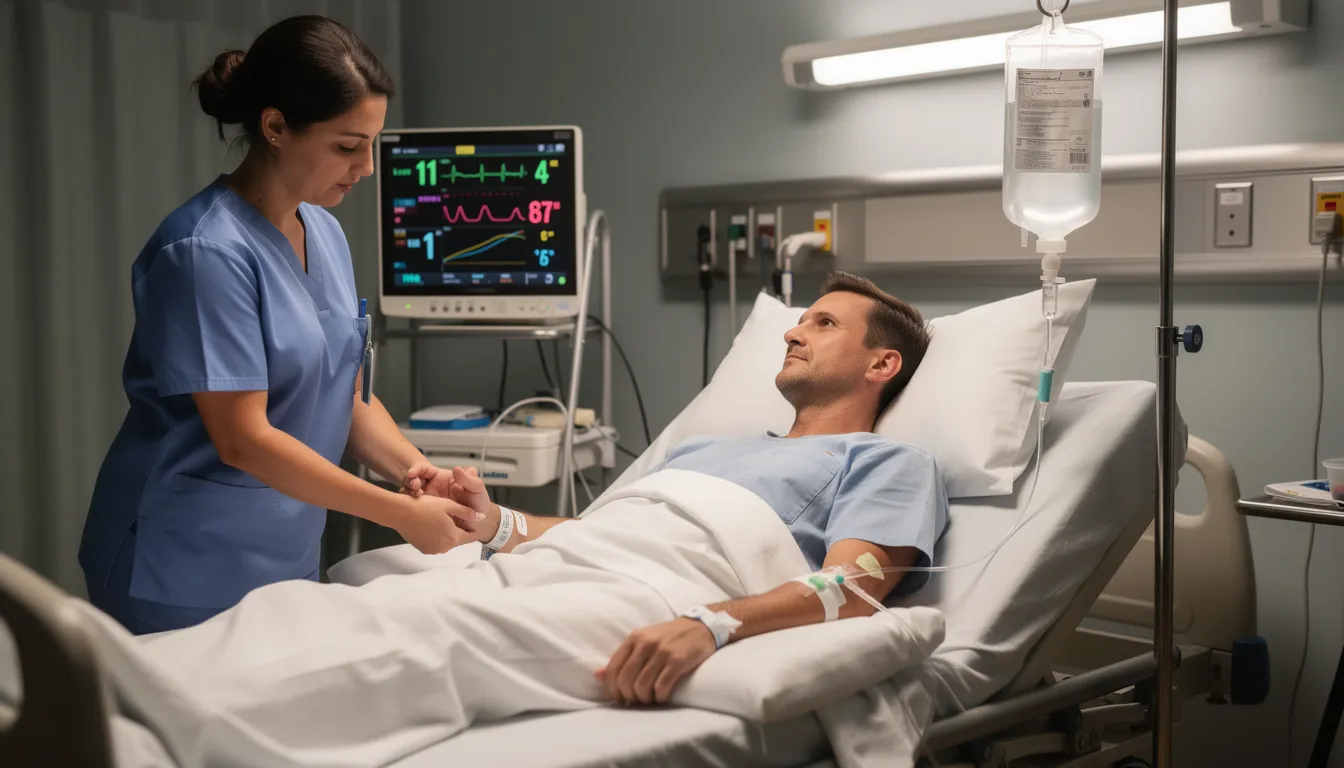 A healthcare professional is checking the vital signs of a patient receiving IV hydration therapy, ensuring the patient is properly rehydrated with intravenous fluids to treat dehydration symptoms. The medical provider monitors blood pressure and other health indicators as part of the IV treatment process.