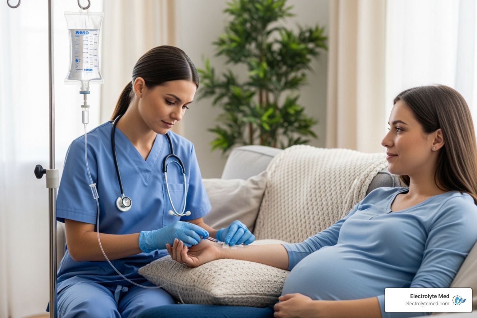 Nurse giving IV to pregnant woman on a sofa. Inside a home setting.