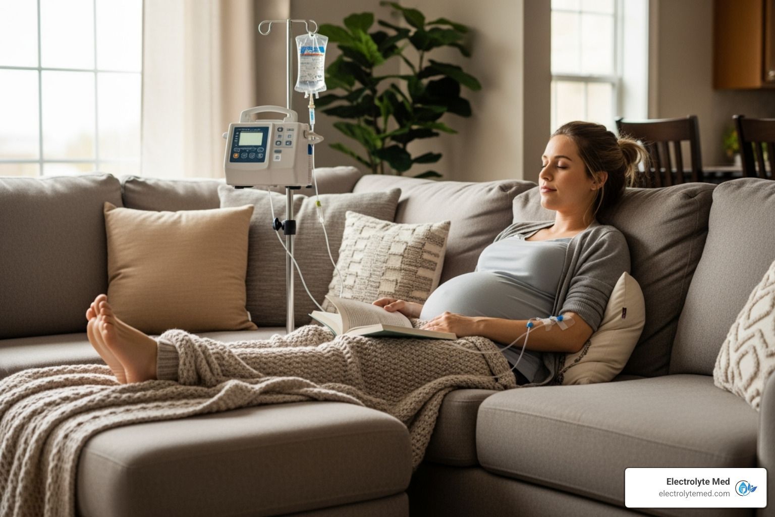 Pregnant woman resting on a couch, receiving IV fluids at home.