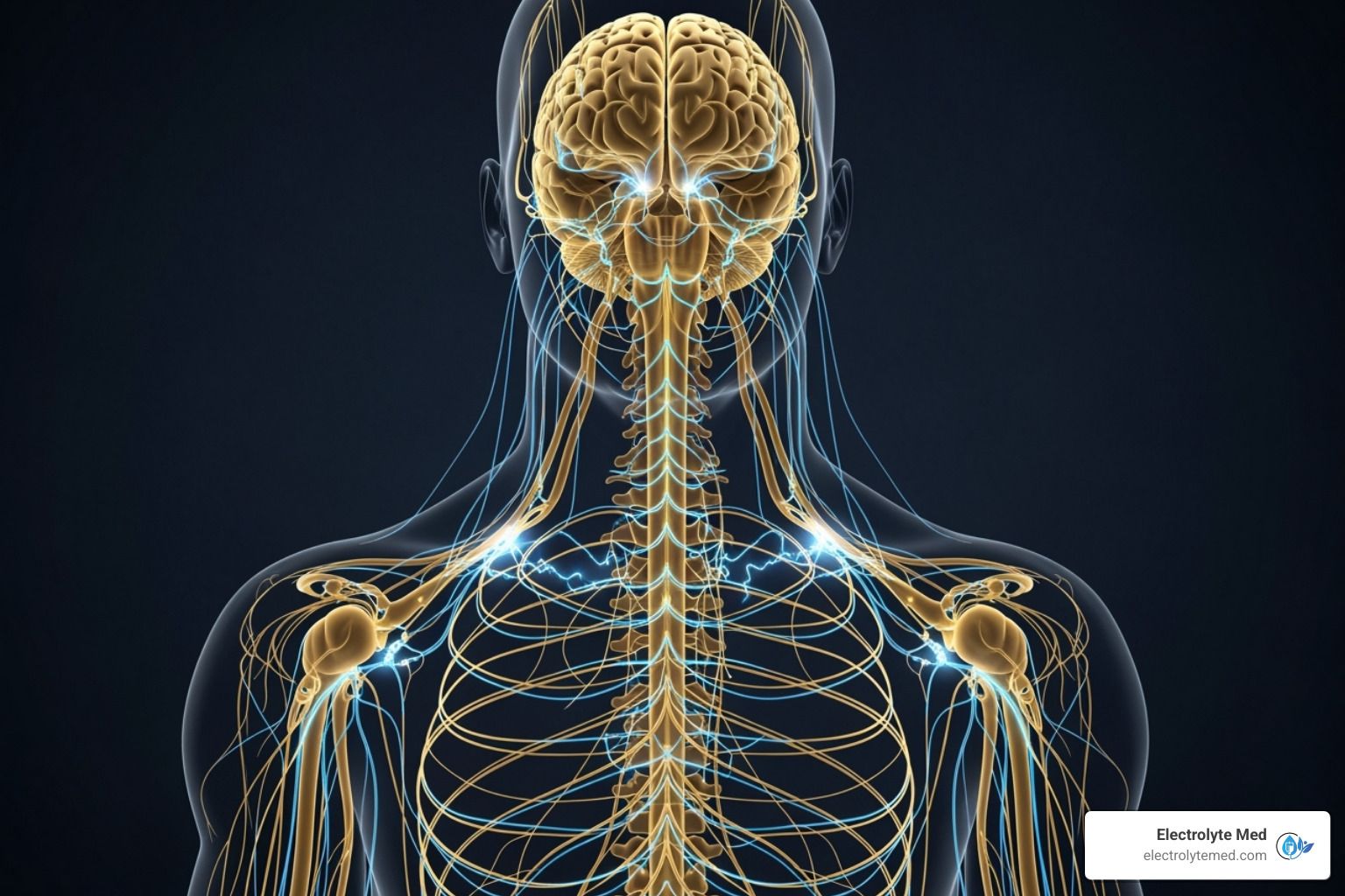 Illustration of the human nervous system: brain, spinal cord, nerves, and shoulder connections shown in gold and blue.