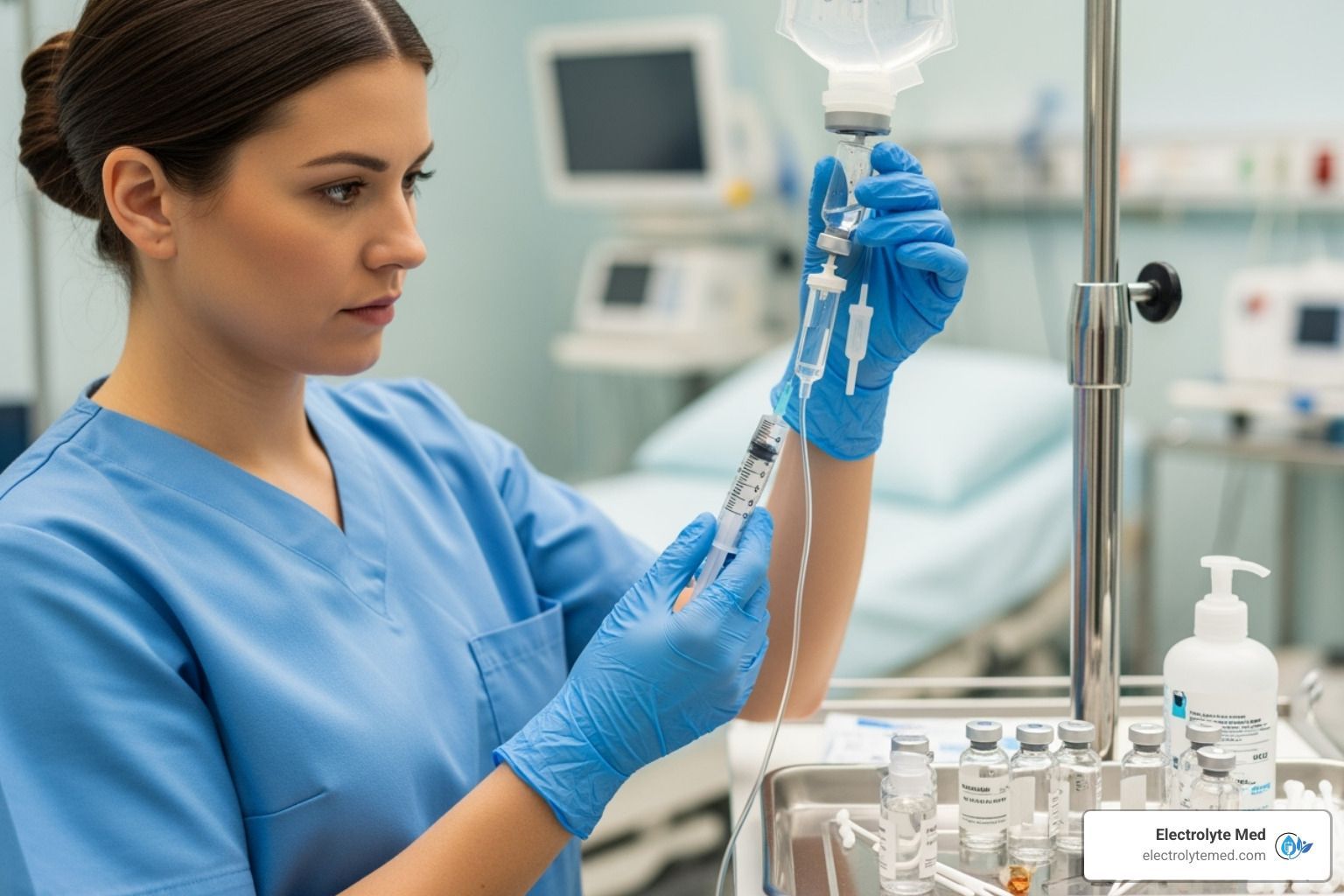 Nurse in blue scrubs prepares IV drip in a hospital room.