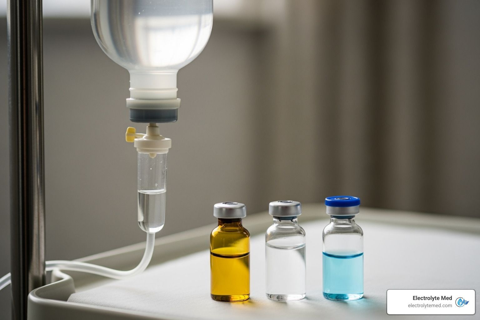 IV drip setup with vials of medicine on a medical tray.