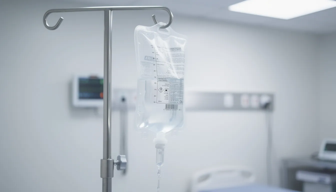 A medical IV fluid bag hangs on a metal pole in a clinical setting, indicating an IV hydration therapy session aimed at treating dehydration symptoms. This intravenous fluids setup is essential for patients experiencing severe dehydration or requiring fluid management.