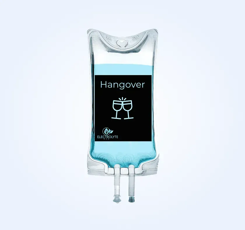 IV bag of Myers cocktail, labeled with black rectangle and golden graphic on a blue background.