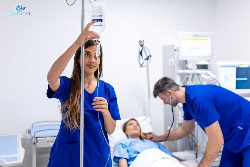 Nurse adjusting IV drip while colleague checks patient's vitals in a hospital room.