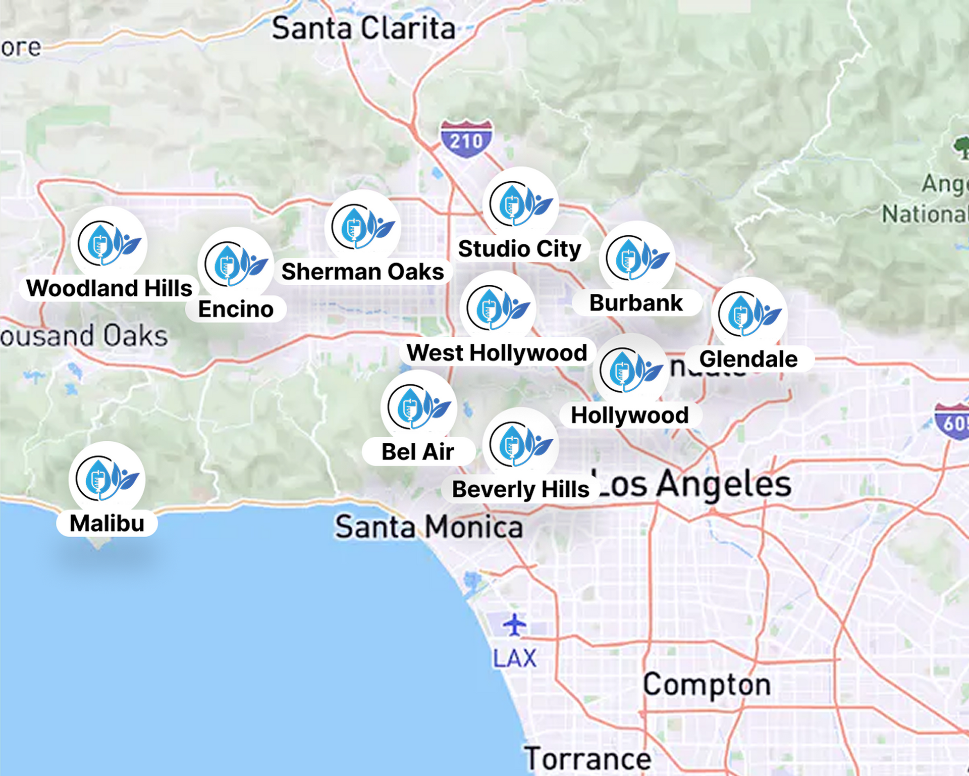 Map of Los Angeles and surrounding areas, with pin markers indicating locations like Malibu, Hollywood, and Burbank.