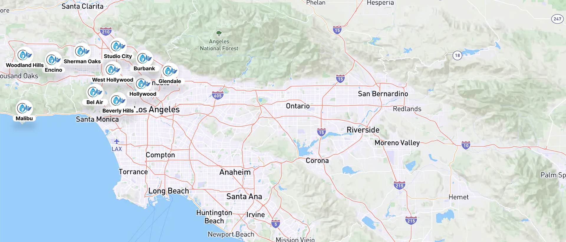 Map of Southern California with icons marking locations, including Los Angeles and surrounding cities.