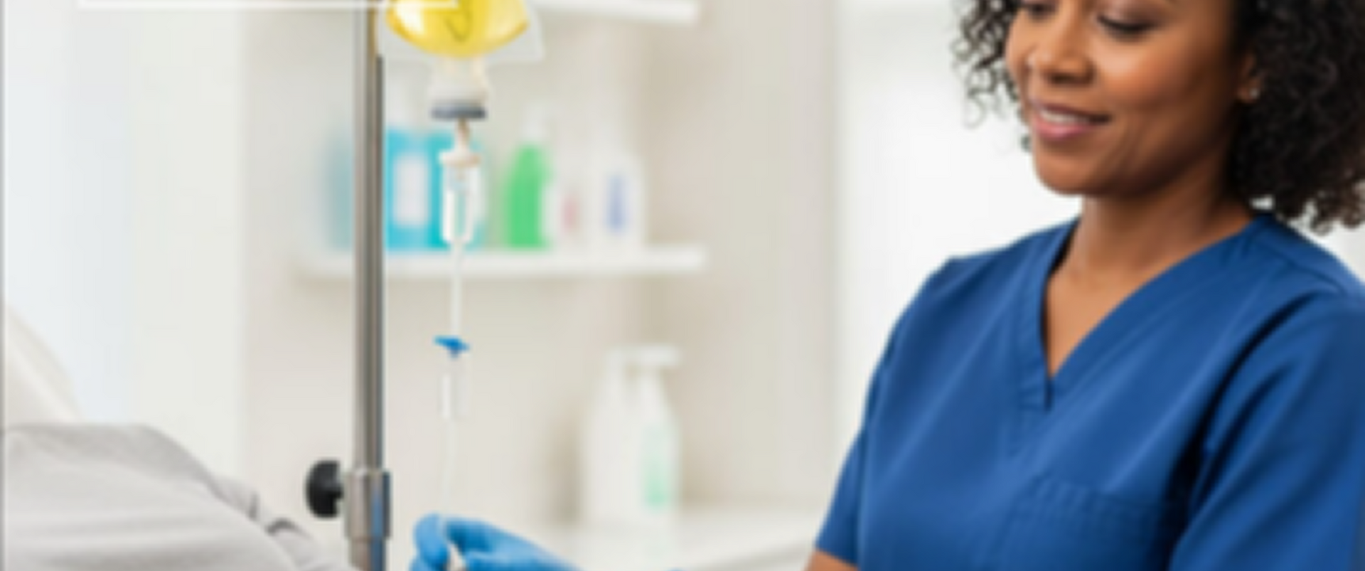 A nurse in blue scrubs prepares an IV drip in a medical setting.
