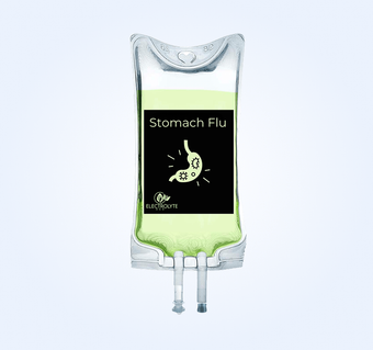 IV bag with Stomach Flu label, containing pale green fluid; a drawing of a stomach is on the label.