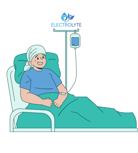Person in hospital bed receiving electrolytes via IV drip. Turquoise and blue color scheme.