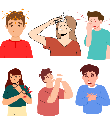 People with various symptoms: dizziness, fever, eye pain, sore throat, coughing, and chest pain.