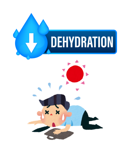 Man collapsed from dehydration in the sun, with a water drop and