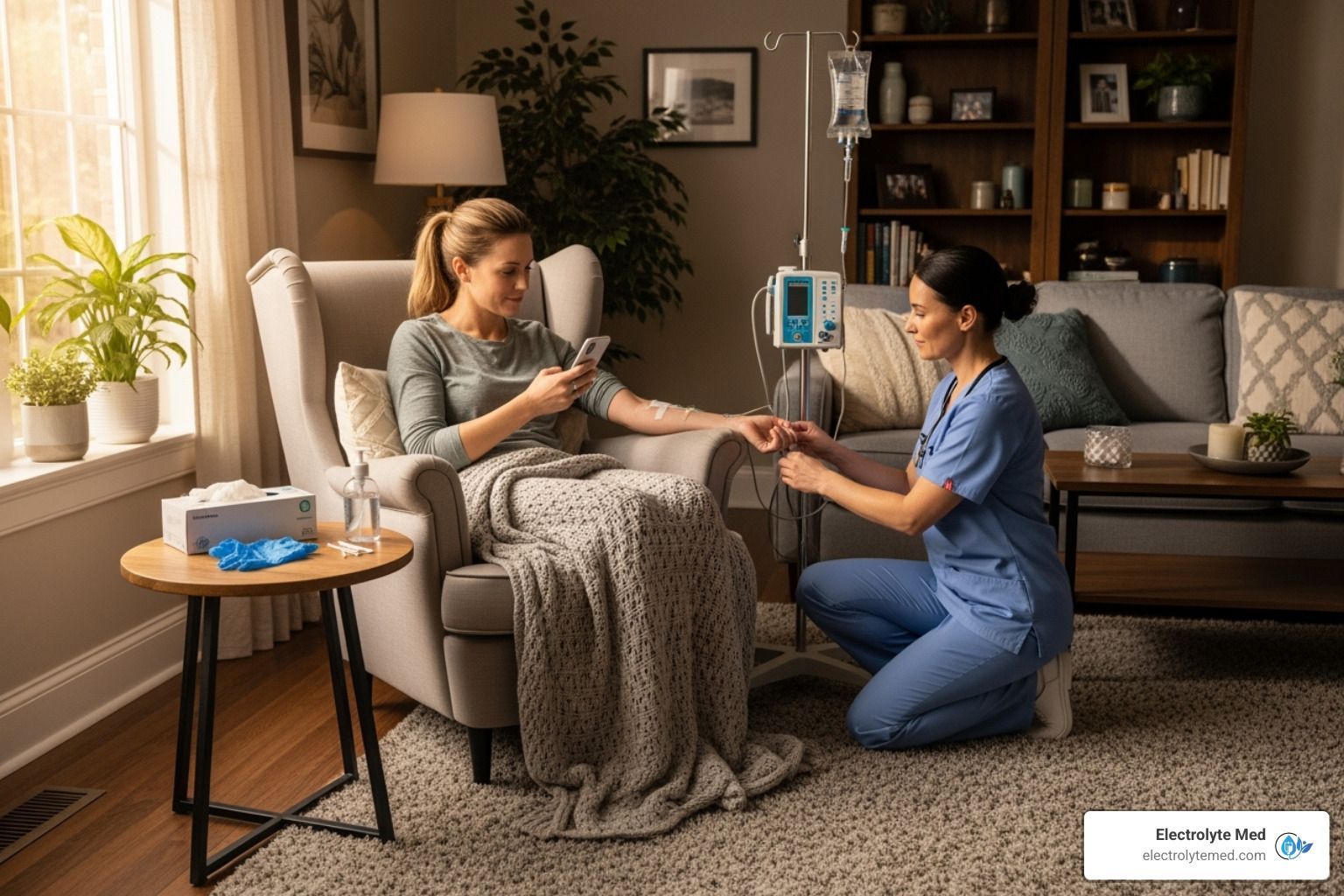 Woman receiving IV treatment at home, attended by a healthcare professional.