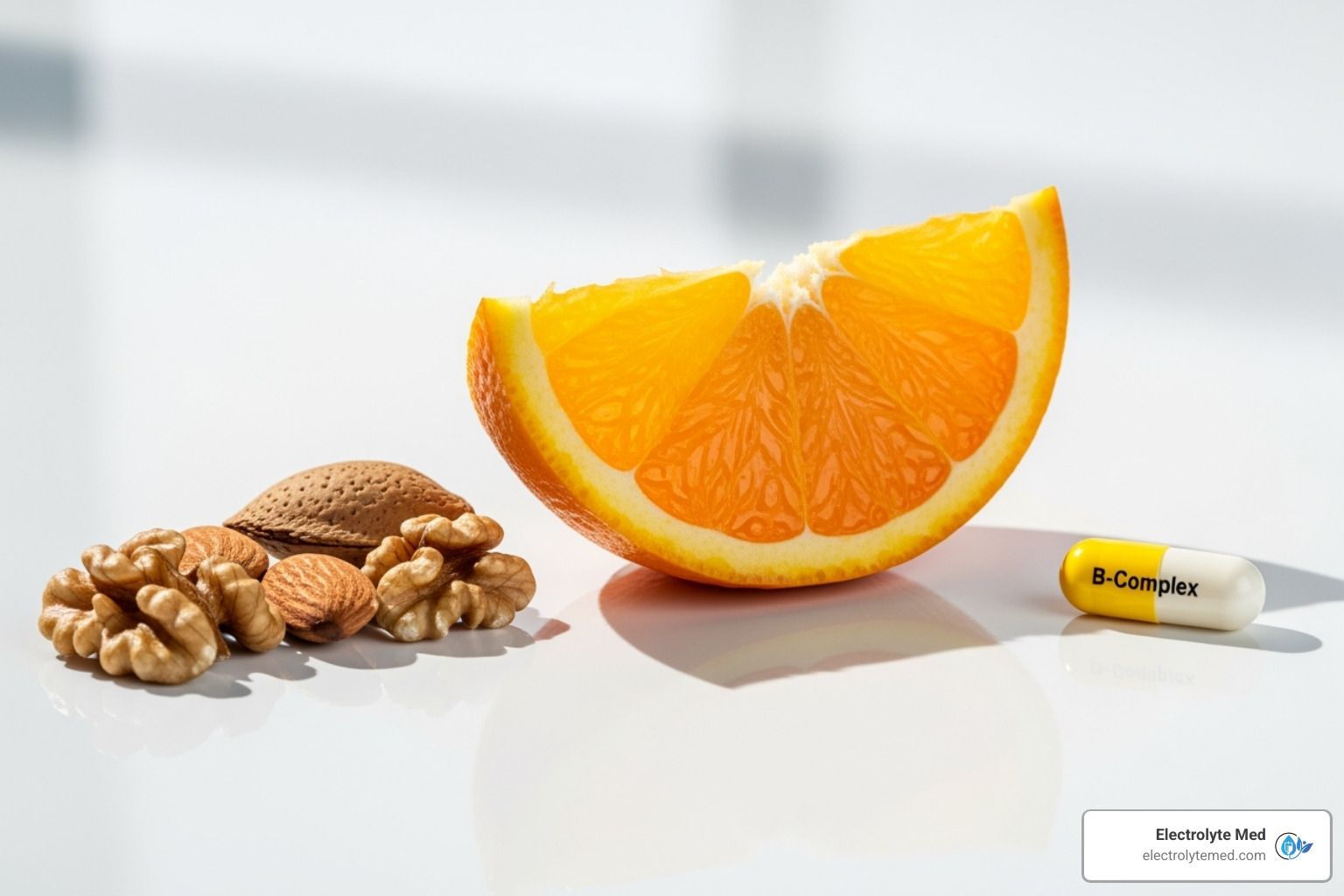 Slice of orange, walnuts, almonds, and a capsule on a white surface, representing healthy nutrients.