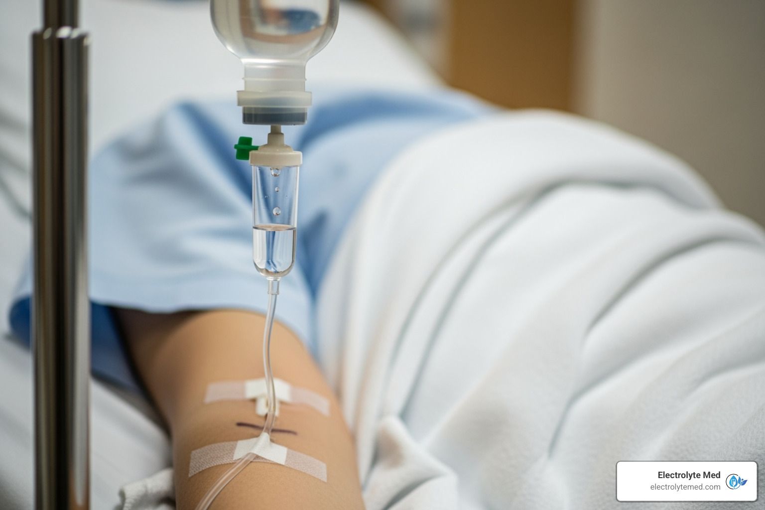 Person in hospital bed receiving an IV drip in their arm.