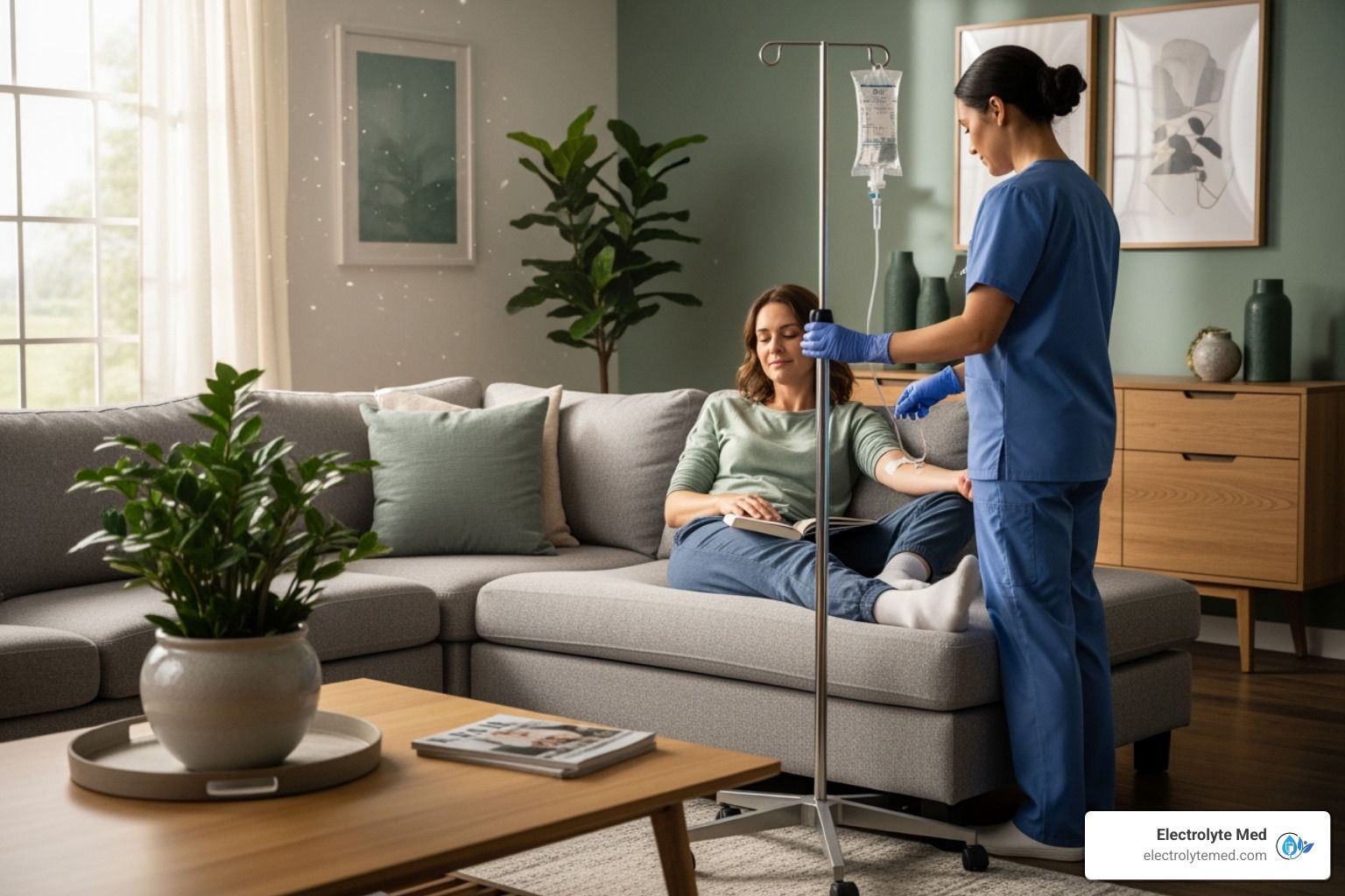 Nurse administering IV fluids to a woman resting on a couch in a home setting.