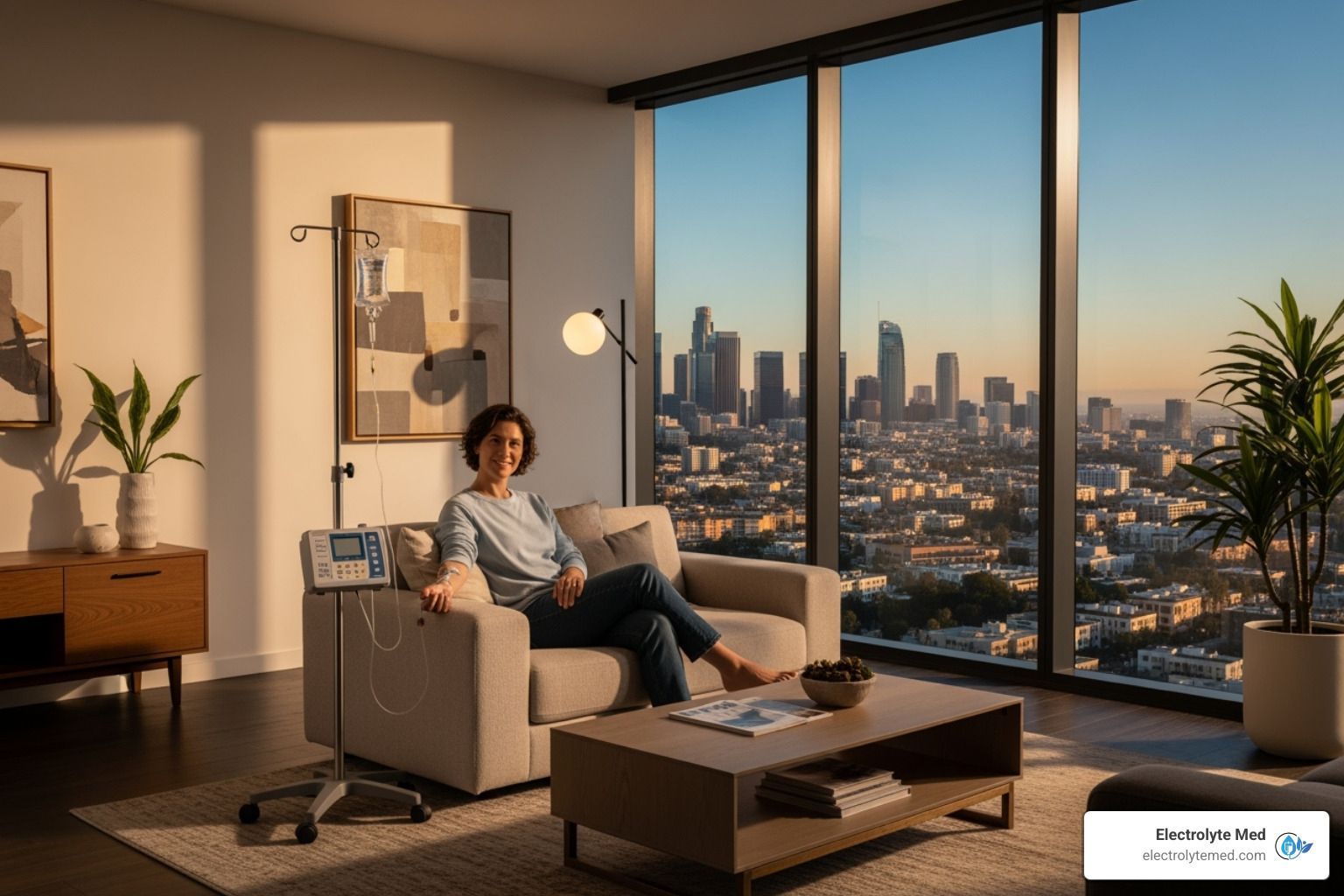 Woman in armchair, city view, receiving medical treatment at home.